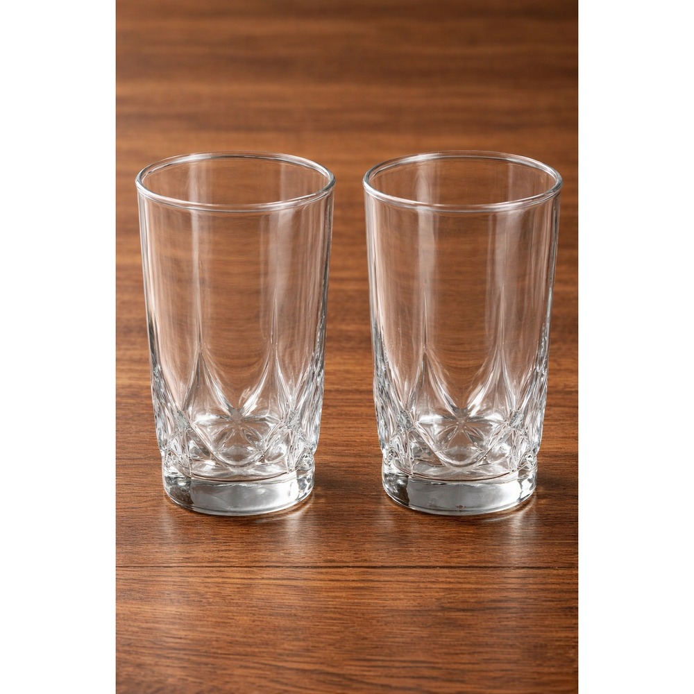 Set of 2 Clear Faceted Highball Tumblers Heavy Base Pressed‎ Glass